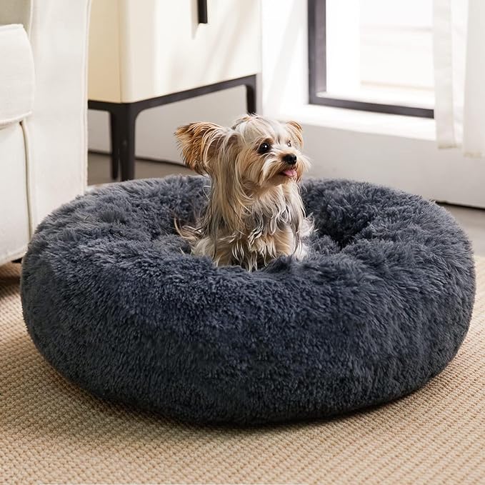 WNPETHOME Donut Dog Beds Large Sized Dog,Anti-Anxiety Caming Large Pet Bed,Fluffy Faux Fur Plush Puppy Bed，Warming Cozy Soft Round Bed for Pet, Cat Cuddler Cushion