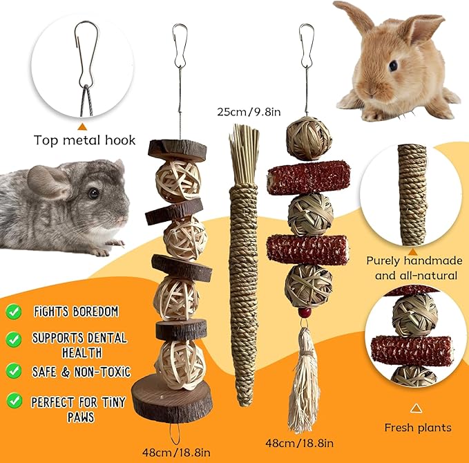 Rabbit Toys Bunny chew/Guinea Pig Toys Natural Timothy Hay Sticks Apple Wood Sticks Handmade for Guinea Pig Hamster Rat Chinchilla (TOY-1-11)