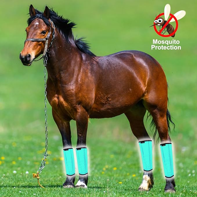 FOXLVDA Horse Fly Boots - Fly Boots for Horses Set of 4, Comfortable Horse Leggings, Mesh Material Design with Metal Support Bars for Reduces Stomping & Leg Fatigue (Green, Medium)