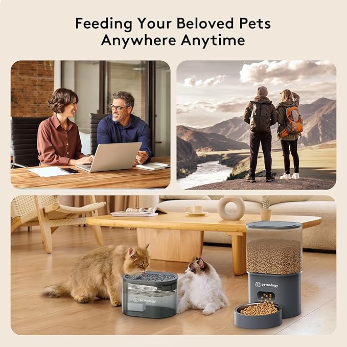 All-in-One Automatic Cat Feeder and Water Fountain, 3L Programmable Timed Dry Food Dispenser with Anti-Clog Design, 2.5L Quiet Cat Fountain for Drinking with Filter, Combo for Small Pets