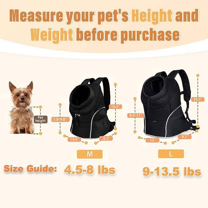 YUDODO Dog Front Carrier Backpack, Adjustable Breathable Pet Carrier for Small Dogs, Ventilated Puppy Back Pack with Safety Belt, Lightweight Doggy Backpack for Hiking Outdoor (Jet Black, M: 4.5-8lbs)