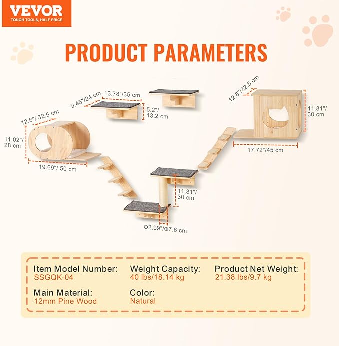 VEVOR Wall Mounted Cat Shelves and Perches with Jumping Boards, Cat Beds, Hammocks & Tree, Up to 40 lbs for Sleeping, Playing, Climbing - Set of 7