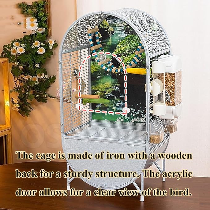 Dometop Bird Aviary with Transparent Door, Wrought Iron Bird Parrot Cage, Indoor Aviary for Small Parrots Parakeets Cockatiels (Black)