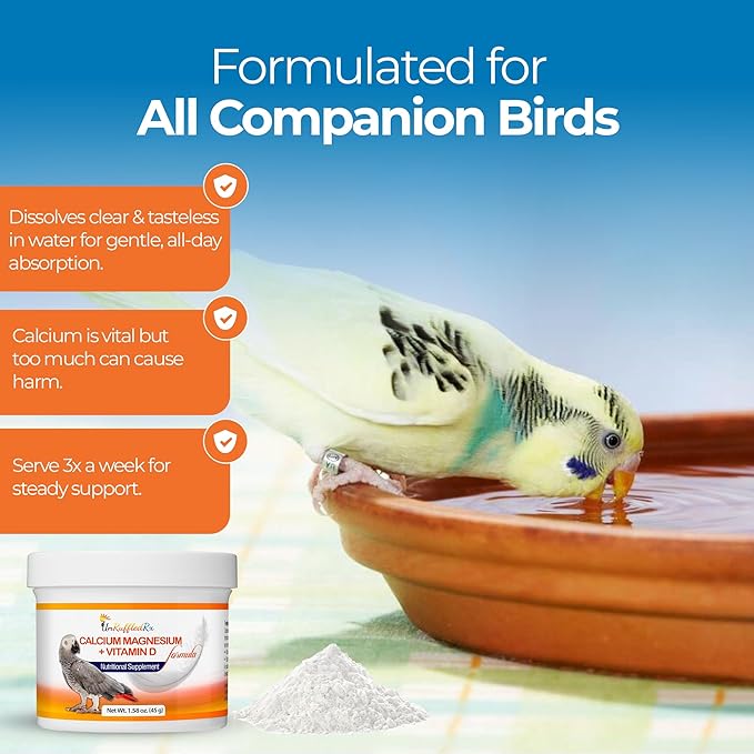 UnRuffledRx™ Bird Calcium Plus with Magnesium and D3, Dissolves Clear and Tasteless in Water, Supports Bone, Muscle, Feather and Egg Health, 45 Servings, Made in FDA-Registered USA Facility