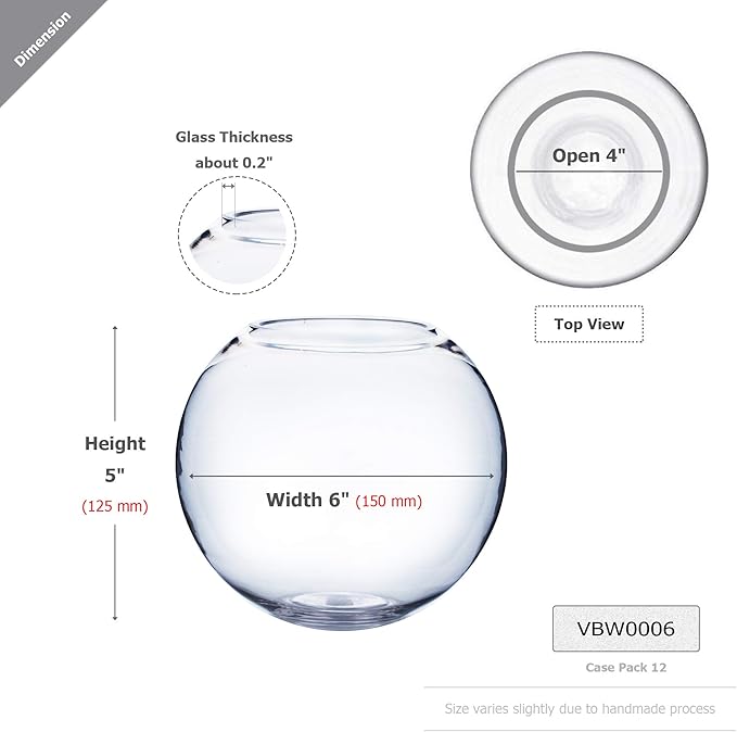WGV Bowl Glass Vase, Diameter 6", Height 5", Open Width 4", (Multiple Sizes Choices) Clear Bubble Planter Terrarium Fish Bowl for Wedding Event Home Decor, 1 Piece (VBW0006)
