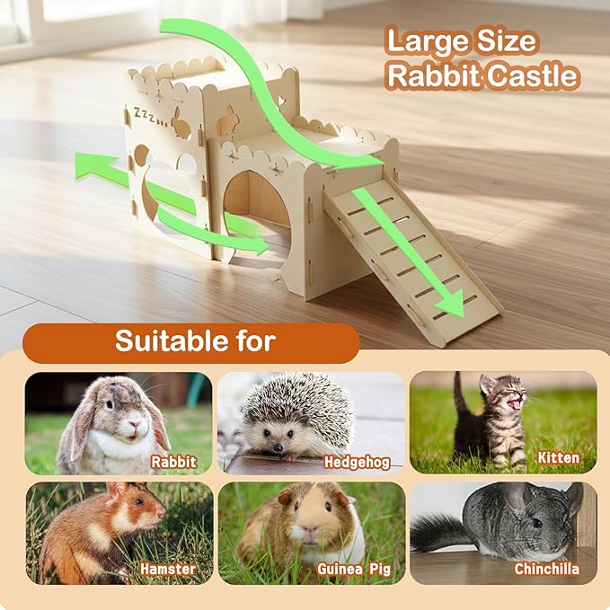 Large Rabbit Castles,Bunny Castle,Wooden Bunny House,Detachable Hamster Hideaway, Indoor Guinea Pig Castle with Ramp, Small Animal Houses & Habitats