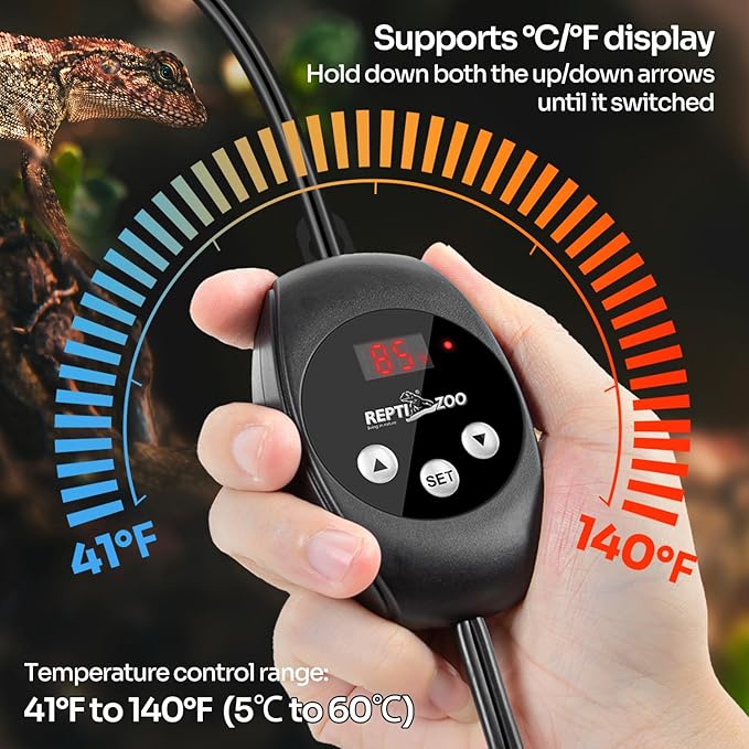 REPTI ZOO Reptile Light Fixture Dimming Thermostat Combo Pack, 8.5 Inch Deep Dome Lamp Fixture Max 150W, PID Reptile Thermostat Temperature Controller for Reptile Heat Lamp Bulb