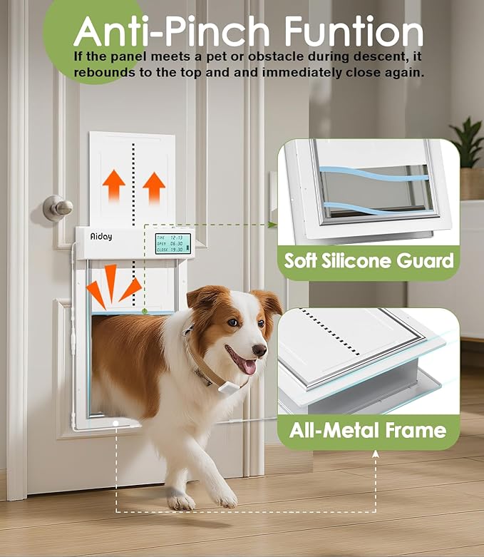 Automatic Dog Door with Collar Sensor, 2-Flap Large Electronic Dog Door for Door with Anti-Pinch, Mains-Powered, LCD Display, Timing Function, Metal Frame- L