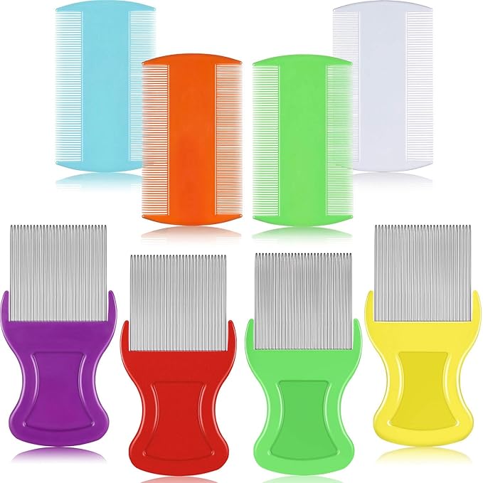 Maitys 8 Pieces Flea Lice Combs Double Sided Lice and Nit Removal Hair Grooming Plastic and Metal Comb for Humans Pets(3.5 x 2 Inch, 3.54 x 1.57 Inch,Orange, Blue, Purple, White)