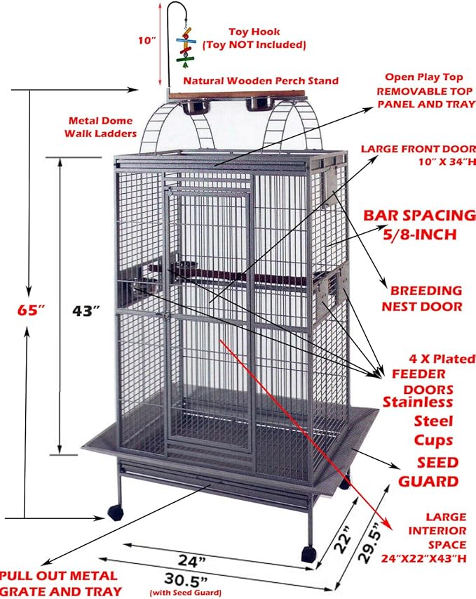 Large Double Ladders Open Play Top Wrought Iron Bird Parrot Parakeet Finch Macaw Cockatoo Cage, Include Seed Guard and Toy Hook (30.5''L x 29.5''W x 65''H, White Vein)