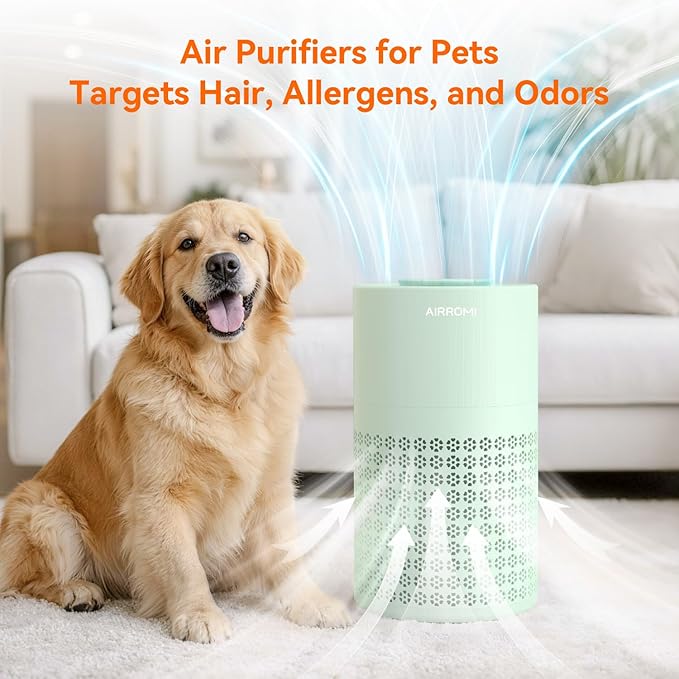 AIRROMI Air Purifier for Bedroom with HEPA 3-in-1 Filter, Pet Air Purifier for Home Cat Pee Smell, Covers Upto 990 Ft², Quiet 360°intake Air Cleaner for pet hair,allergies,Dust,Smoke A2001 Green