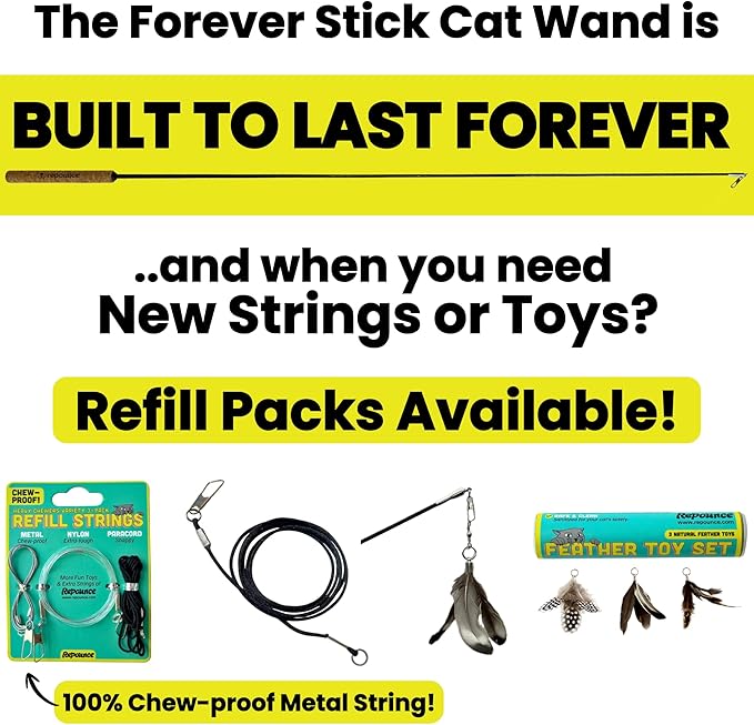 Forever Stick - The Unbreakable Cat Teaser Wand, Extra Long Durable Interactive Toy for Indoor Cats, Cat Fishing Pole Toy for Bored Indoor Adult Cats, Feather String Toy On Stick Enrichment