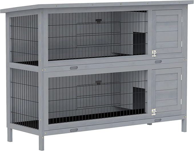 PawHut 54" 2-Story Large Rabbit Hutch Bunny Cage Wooden Pet House Small Animal Habitat with Lockable Doors, No Leak Tray and Waterproof Roof for Outdoor/Indoor Grey