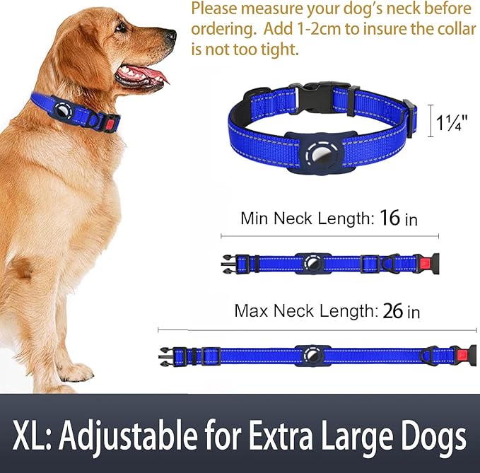 Airtag Dog Collar with AirTag Holder for Large Dogs, Reflective, Soft Padded & Safety Locking Buckle, Nylon Pet Collars Adjustable for All Breeds, NavyBlue,XL