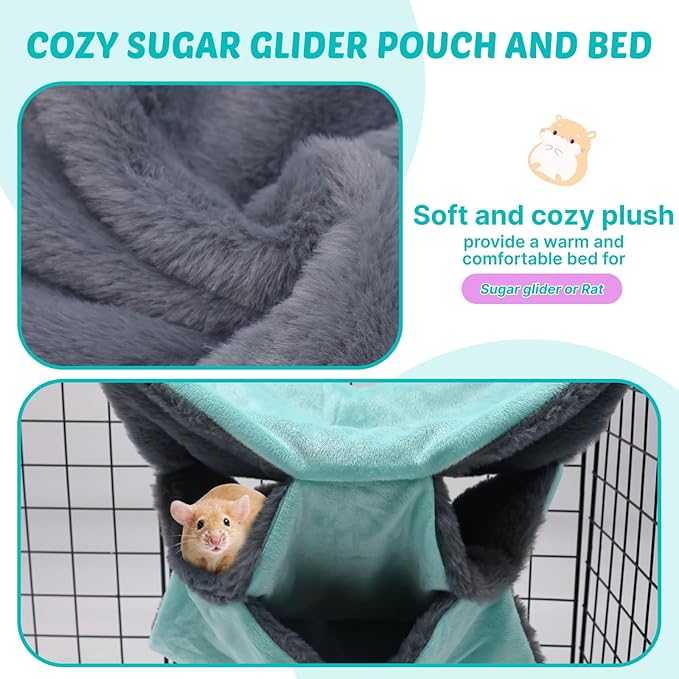 LYART Sugar Glider Pouch Hammock Bed Bedding, Sugar Glider Cage Accessories Toys for Rat, 3-Layer Hammock Make Pet Cages More Three-Dimensional (3.Grey+Mint)