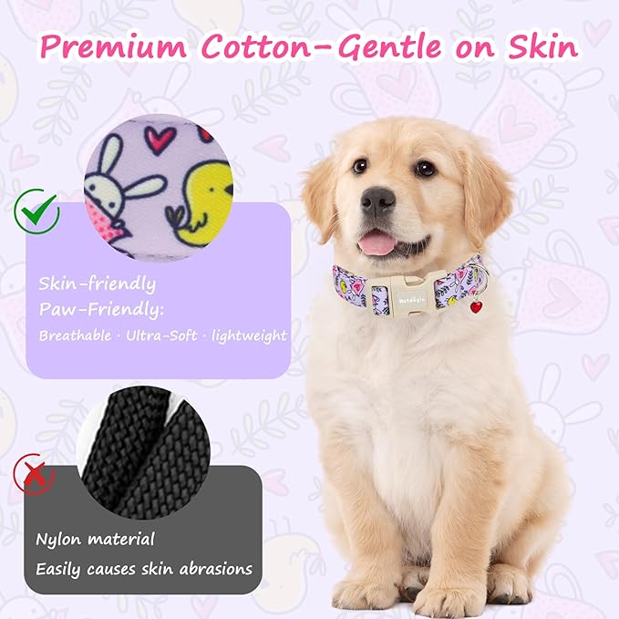 Easter Dog Collar for Mediuml Dogs, Easter & Spring Theme Medium Dog Collar with Cute Chick & Bunny Pattern, Adjustable Purple Easter Dog Collars Girl Boy Collar for Dogs -M