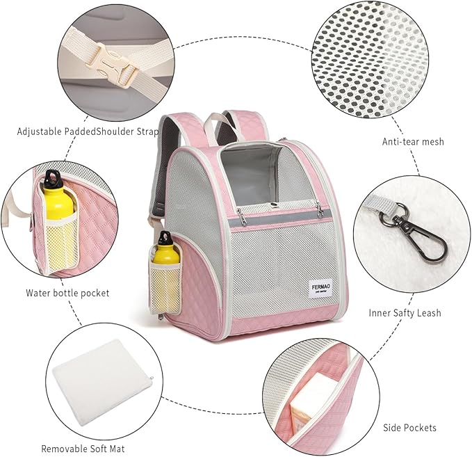 Cat Backpack Carrier for Small Dogs and Medium cat Puppy Kitten Bunny Pet Carrier Backpack Collapsible with Fully Ventilated Mesh with Safety Leash (Pink, 12.9" L x 10.62" W x 15.5" H - M)