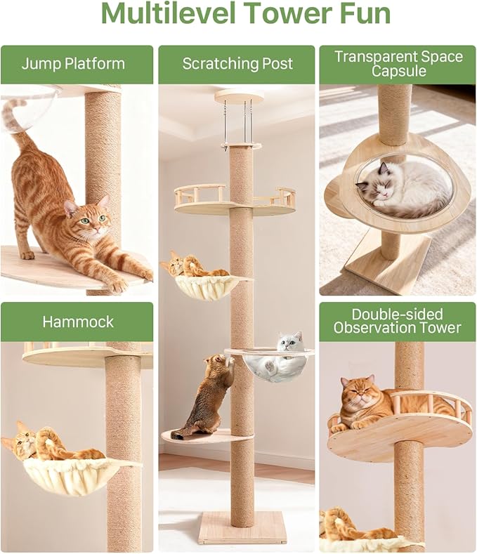 Floor to Ceiling Cat Tree, Adjustable Height (55-115in), 4 Level Tall Cat Tree Tower, Cats Activity Center with Scratching Post, Jump Platform, Hammock & Capsule, Space-Saving Design for Indoor Cats