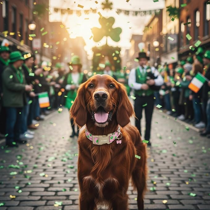 St. Patrick's Day Dog Collar,Pink Bow with Green Clover Puppy Collar,Adjustable Spring Cotton Collars Gifts for Small Medium Large Dogs,Dog Accessories L