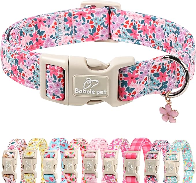 Floral Dog Collar, Cute Girl Dog Collars - Pastel Wildflowers Pattern Spring Summer Puppy Collar, Adjustable Female Dog Collars for Small Medium Large Dogs XS