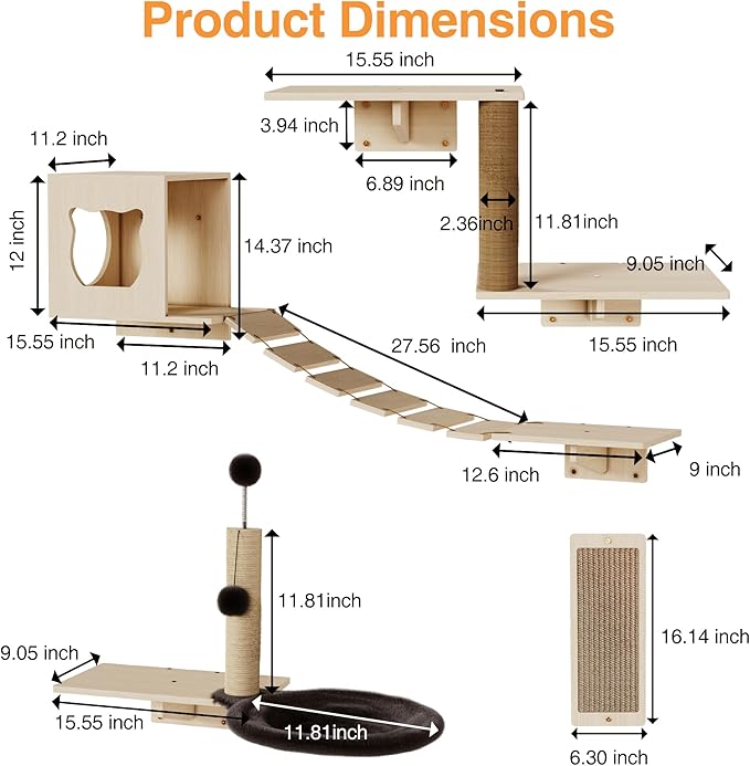 Cat Wall Shelves, Modern Wall-Mounted Cat Furniture Includes House, Bridge, Steps, Scratcher, Perch & Lounge for Indoor Cats, Space-Saving Wall Mounted Cat Shelves for Play & Rest