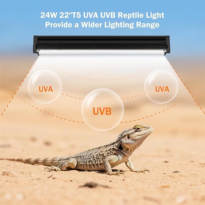 T5 10.0 UVB Reptile Light Fixture, T5 UVA UVB Light Tube Lamp Blub 24W 22" for Bearded Dragon, Tortoise,Desert Lizards,Leopard Gecko,Reptile & Amphibian Lamp