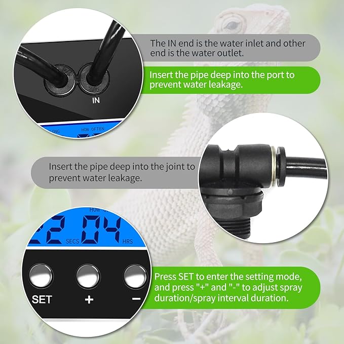 reptile humidifier, LCD with timing function, time length and interval can be set, reptile mister system with 2 spray nozzles, misting system for reptiles of amphibians, tanks, Paludarium