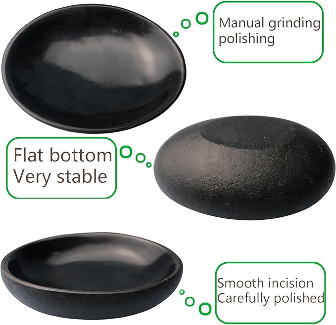 Natural River Stone Reptile Food Bowl - Handmade Pebble Dish for Reptiles, Amphibians, Hedgehogs, and Small Pets - Unique Size, Shape & Color - Water & Food Bowl (Black)