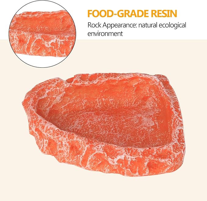Reptile Water Dish Food Bowl for Bearded Dragon Tank Accessories, Hyggerzoo Reptile Rock Feeder for Tank 2 Pack Corner Resin Terrarium Bowl for Leopard Gecko Hermit Crab Tortoise Snake, Orange