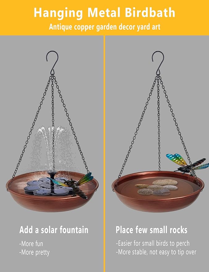 Hanging Birdbath Bird Feeder for Outdoor 11” Antique Copper Cute Small Metal Bird Bath Bowl with Detachable Black Chain Metal Dragonfly for Garden Backyard Decor