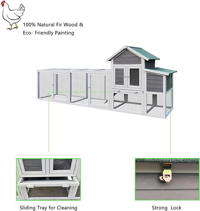 Gray Wooden Chicken Coop with Run and Nesting Box – Outdoor Hen House for 3–4 Chickens, Weatherproof Roof, Sliding Tray & Secure Predator-Proof Poultry Cage