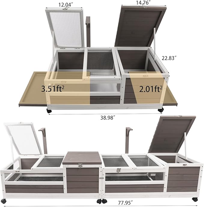 PetsCosset Tortoise Habitat Cage on Wheels with Lamp Stand & Pull-Out Waterproof Tray – Large Wooden Tortoise House, Indoor Outdoor Reptile Enclosure 39''L*23''W*14''H
