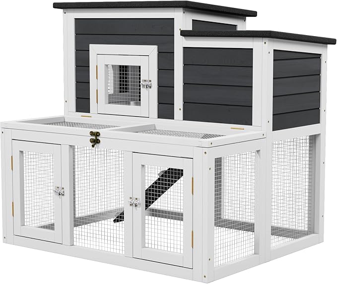Outdoor Chicken coops for 2-4 Chickens Wooden with Waterproof Asphalt Roof, Ramp, and Multiple Doors Openable Top Pull-Out Tray Suitable for Outdoor Backyard (Black and White)