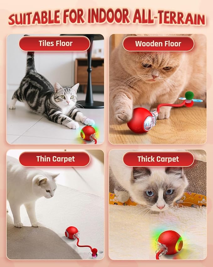 Interactive Cat Toys for Indoor Cats, 2025 Upgraded 360° Anti-chew Safe Material Moving Cat Ball with Tail, Interactive Cat Toys for Bored Indoor Adult Cats to Keep Them Busy (Red, 2.2in)
