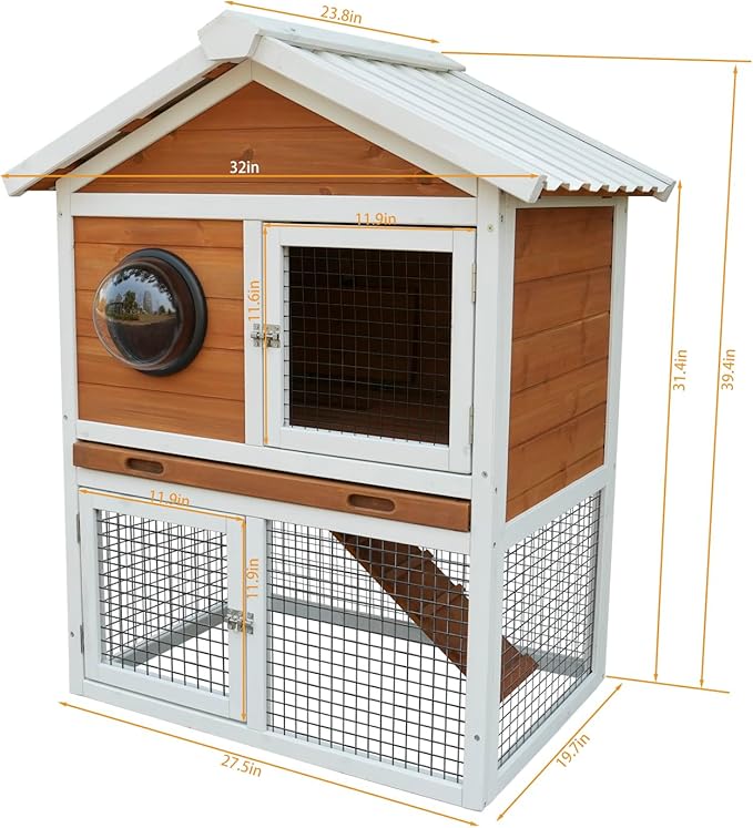 Wooden Rabbit Hutch with Matching PVC Material, Protected from Wind, rain and Snow, Rabbit House with ramped Stairs, Lockable Door, Ball Windows and Breathable mesh Door with Removable Tray.（84965）