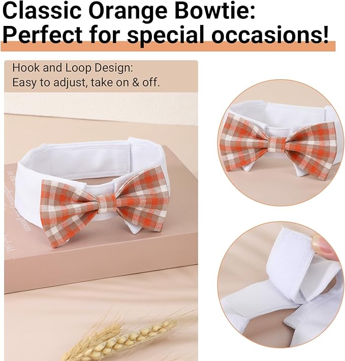 Segarty Dog Bow Tie, Adjustable Orange Plaid Bowtie Collar for Neck Girth 10.2-12.6in, Medium Dog Tie Tuxedo Comfortable Cotton Boy Pets Grooming Accessories for Formal Wedding Holiday Birthday Party