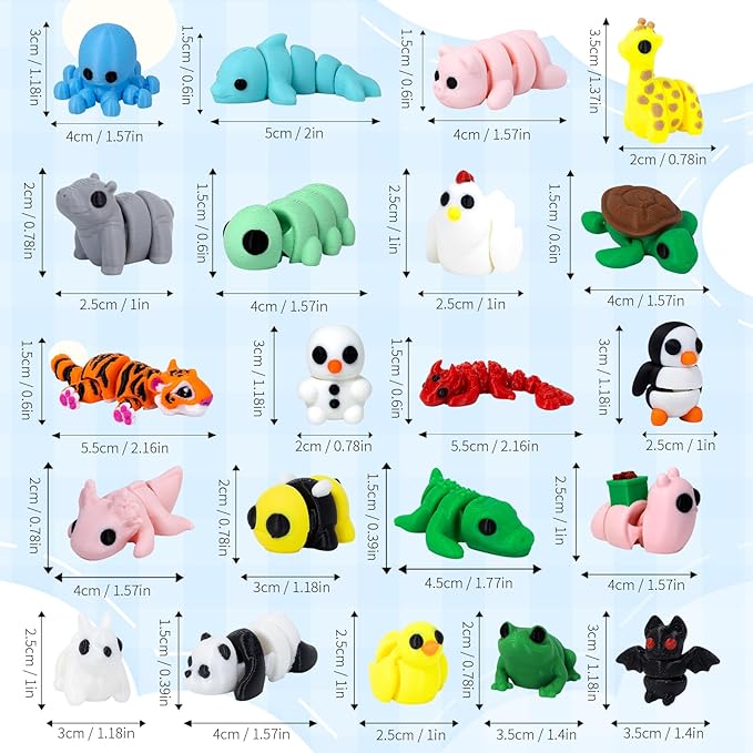 21Pcs Mini 3D Printed Animal Set, Flexible Fidget Toys, 3D Printed Animal Figurines Toys for Birthday Gifts,Rewards,Goodie Bag Filler and Office Desktop Decoration