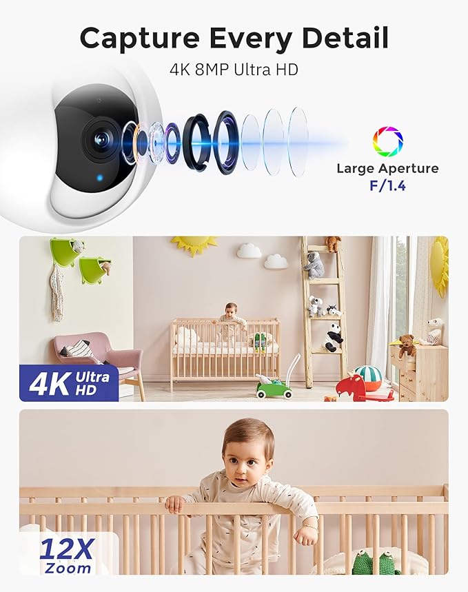 Hugolog 4K 8MP Indoor Pan/Tilt Security Camera with Auto-Focus(2pcs),Ideal for Baby Monitor/Pet Camera/Home Security,Starlight Color Night Vision,Human/Pet AI,Noise Reduction,US Cloud,Works with Alexa