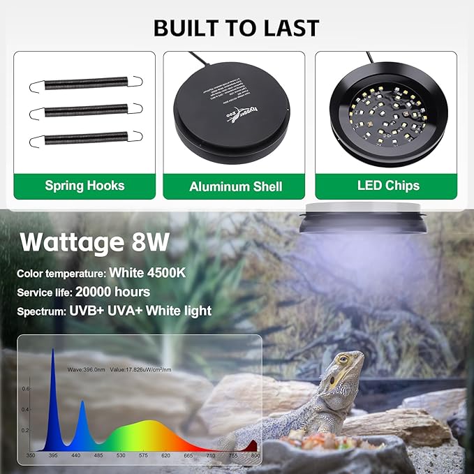 UVB Light for Reptiles with Dimming UVA UVB Reptile Light Fixture with Timer LED UVB Bulb for Bearded Dragon Gecko Turtle Chameleon Lizard Snake Adjustable Brightness Reptile Tank Accessories 8W Black
