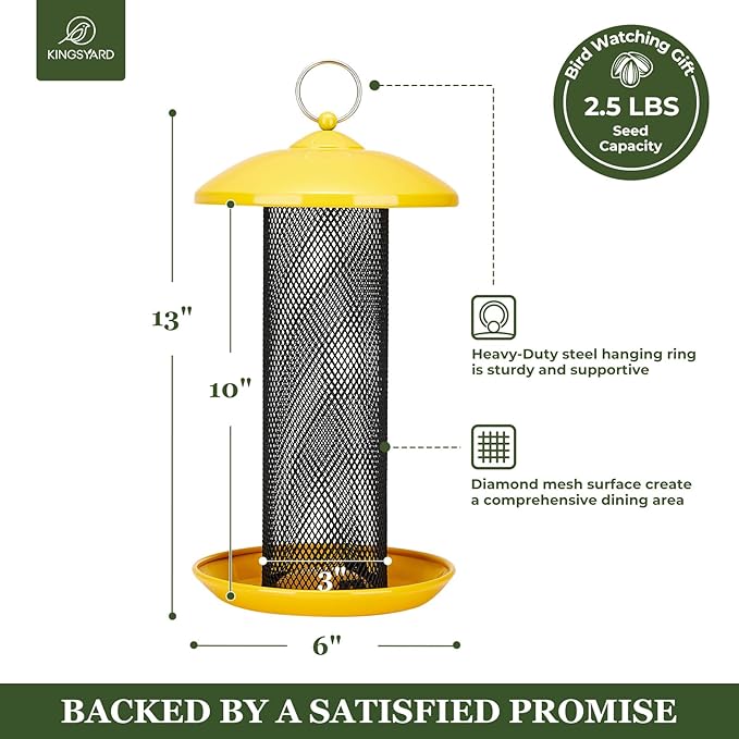 Kingsyard 2 Pack Finch Feeders for Outdoors Hanging, Metal Mesh Tube Bird Feeder for Nyjer/Thistle Seed, 2.5 lbs Large Capacity (Yellow)