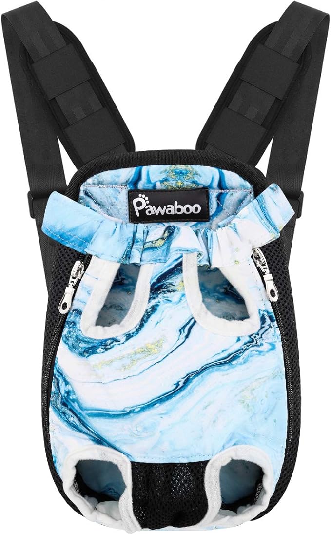 Pawaboo Adjustable Carrier Backpack for Dog Cat, Pet Front Dog Carrier Purses Cat Travel Bag, Legs Out, Easy-Fit for Traveling Hiking for Small Dogs Cats Puppies, M, Blue Marble