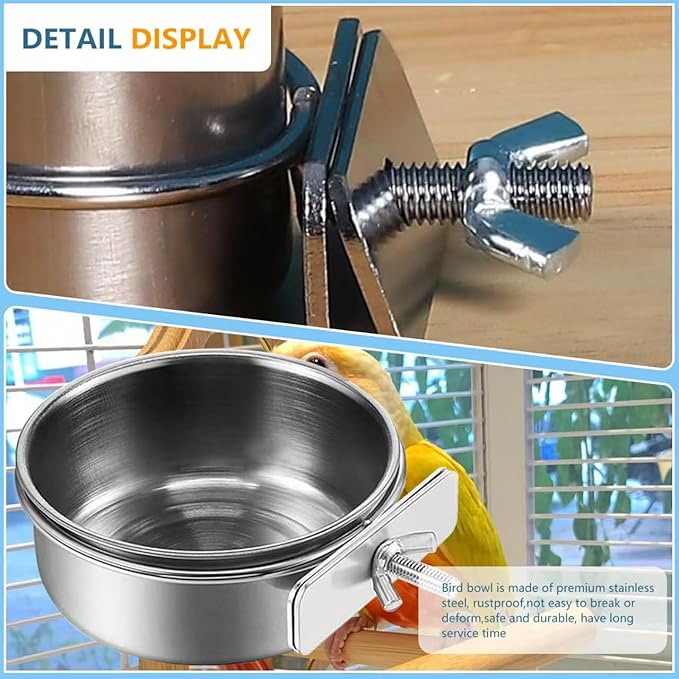 2Pcs Stainless Steel Bird Feeding Bowls, Small Bird Feeding Cup, Stainless Steel Parrot Food Bowl Cage with Holder, Parrot Cage Water Feeder, Pet Cage Cup Holder