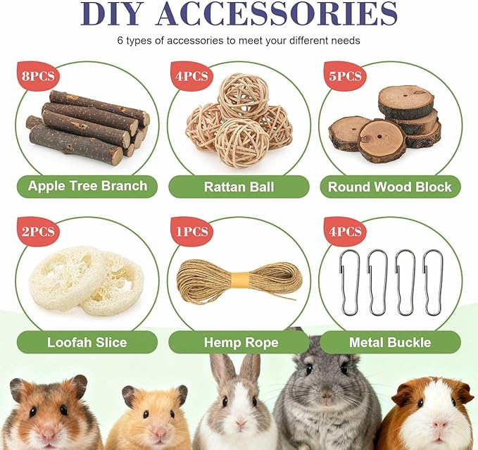 Rabbit Toys, 30 Pcs DIY Rabbit Chew Toys Kit for Teeth Guinea Pig Treats Natural Timothy Hay Chips with Herbal Flowers Bunny Enrichment Toys for Hamster Gerbils Chinchillas