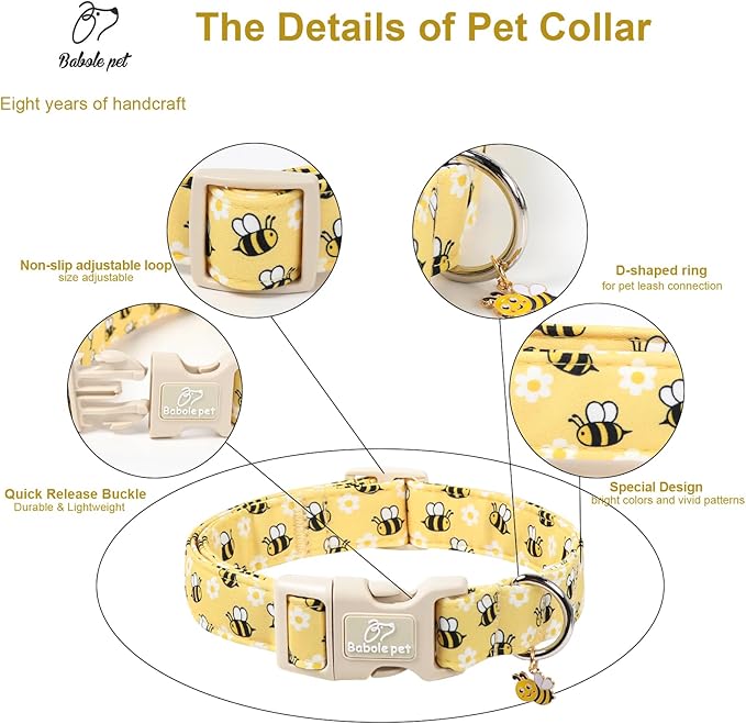 Bee & Daisy Dog Collar for Giant Large Dogs - Spring/Summer Cartoon Yellow Dog Collars, Lightweight Adjustable Male Female Dogs Collars with Quick Release Buckle XL