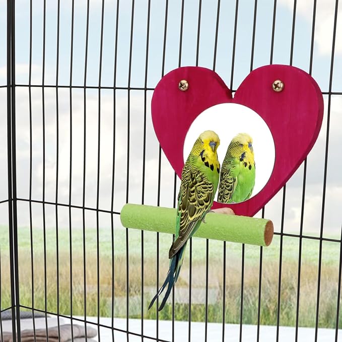 Hypeety Bird Mirror Toy Cage Standing Perch Wood Toy Parrot Parakeet Budgies Cockatiel Conure Finch Lovebird African Grey Macaw Amazon Cockatoo Birdcage Wood Stand Perch(Color Random) (Heart Shape)