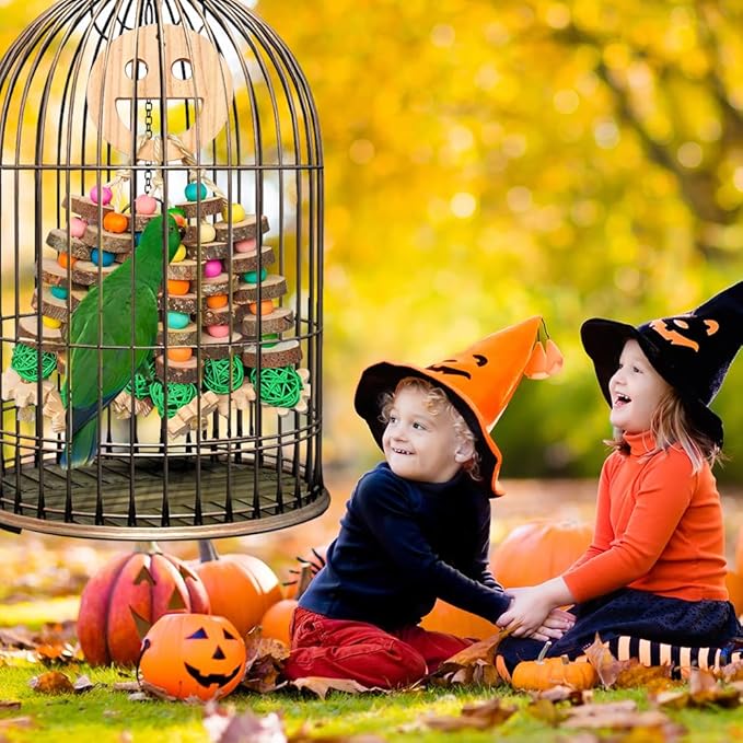 Large Parrot Toys, Multi-Color Wooden Block with Halloween Shape Bird Chewing Toy for Macaws, Cockatoos, African Grey and Large Medium Birds