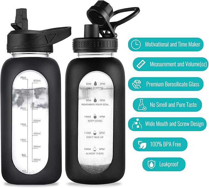 32 oz Glass Water Bottle with Straw and Handle, Sports Motivational Water Flask with Silicone Sleeve, Large Leakproof Water Flask Cup with Time Marker for Travel, Gym, Navy
