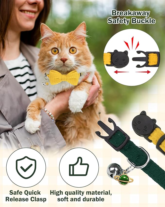 Cat Collar Breakaway with Bells, Soft Cotton Green Cat Bowtie Collar for Girl Boy Cats, Small Cats Collar with Bow for Spring Summer,2 Pack Cute Kitten Collars with Removable Bowtie 8-12Inch