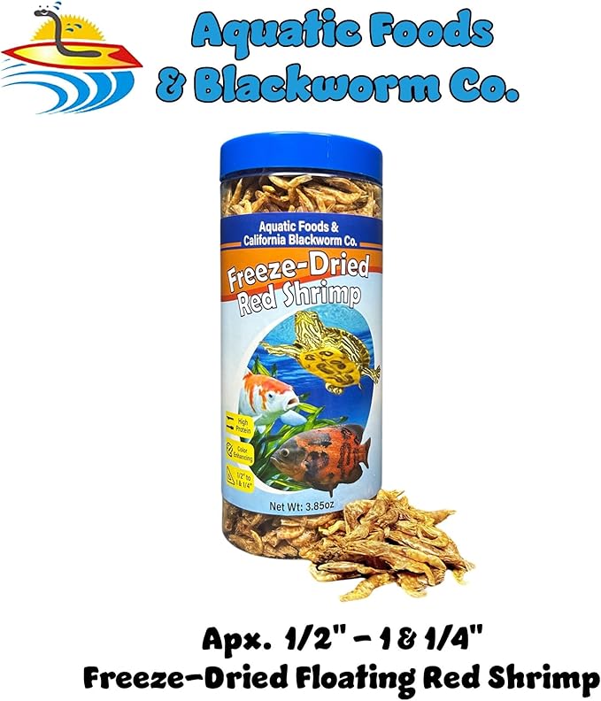 Aquatic Foods Inc. Red Shrimp, Freeze Dried 1/2" to 1 & 1/4" Floating Red River Shrimp for Cichlids, All Tropical Fish, Koi & Pond Fish, Aquatic Turtles, Reptiles, Rodents 5oz Canister