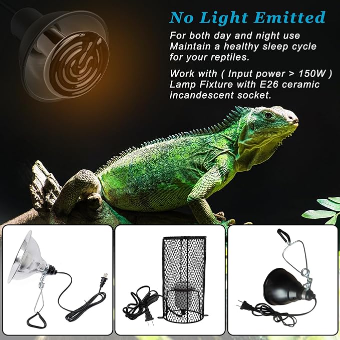 DOMICA 150W 2 Pack Reptile Heat Bulb, Beared Dragon Ceramic Heat Emitter, E26 No Light Night Use Heater Bulbs for Turtle, Lizard, Snake, Amphibians, Pet Brooder Coop Chicken (150W-Large Tank)